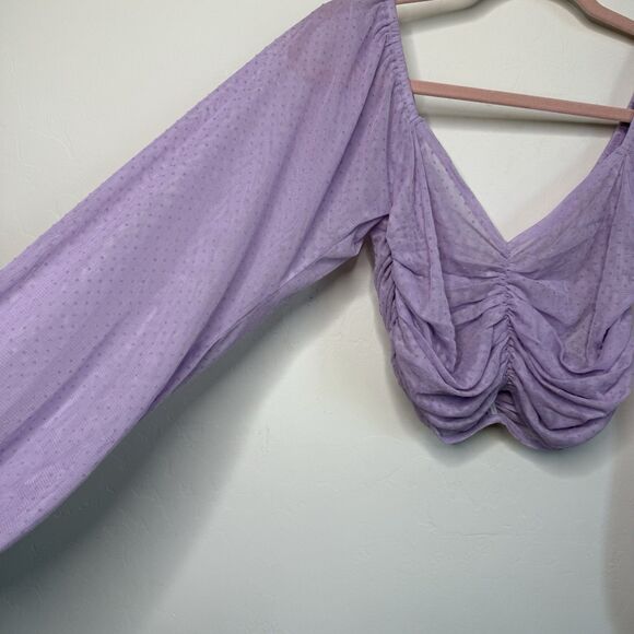 ASOS Size 4 Purple Ruched Sheer Swiss Dot Long Sleeve Crop Top - Picture 2 of 14